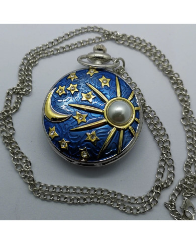 Pocket watch oon a chain relief moon sunshine