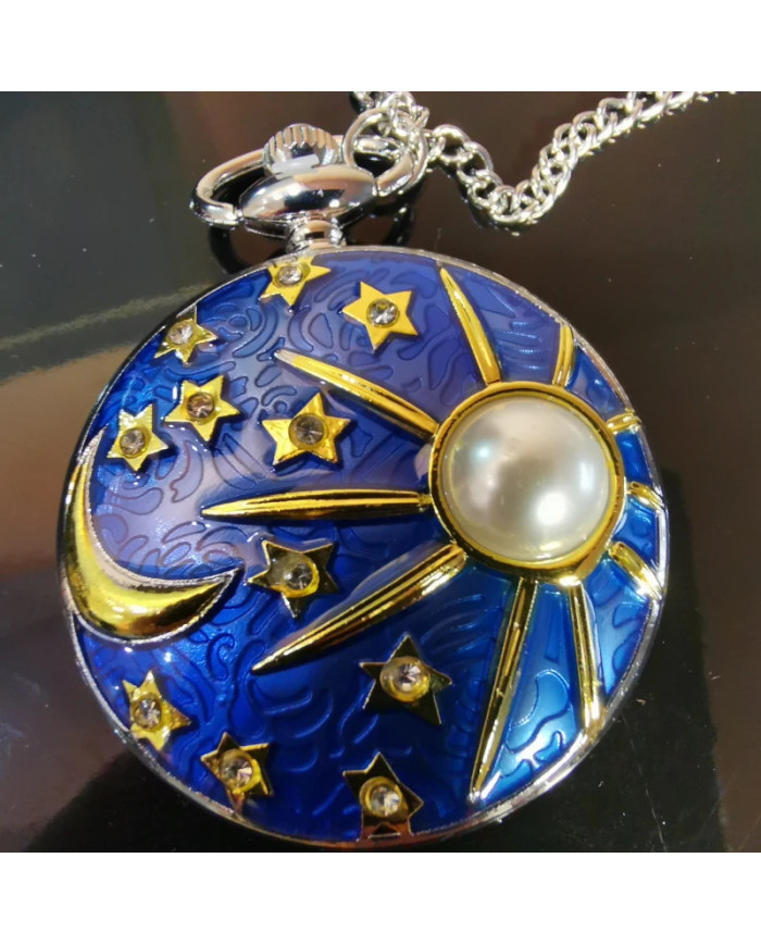 Pocket watch oon a chain relief moon sunshine