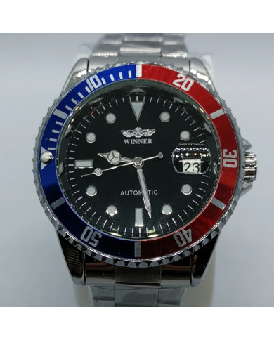 Automatic mechanical watch with blue and red bezel