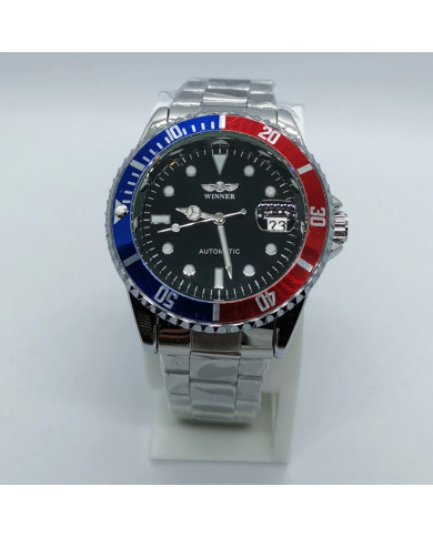 Automatic mechanical watch with blue and red bezel