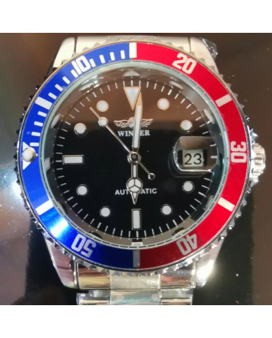 Automatic mechanical watch with blue and red bezel